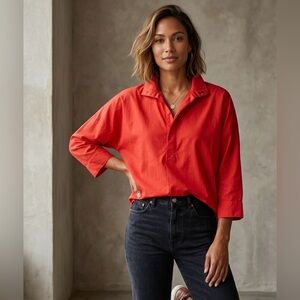 Voyageur By Mersea Emerson Pop Up Collar Top Henley Red  Cotton Oversized L/XL